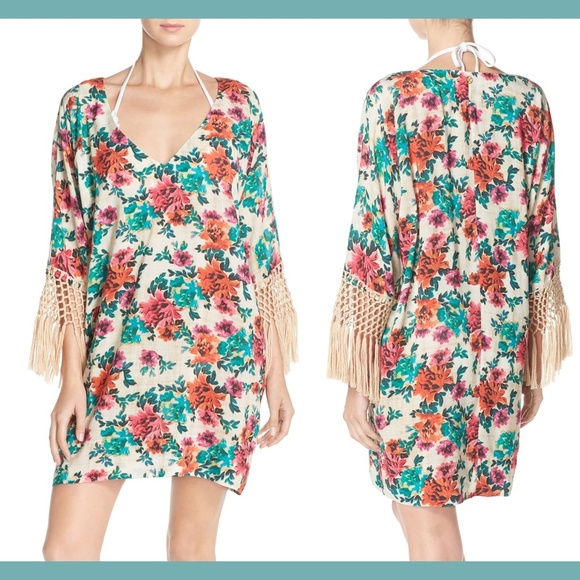 NWT ViX Fringe Trim Floral Cover-Up Dress Large - Picture 2 of 7